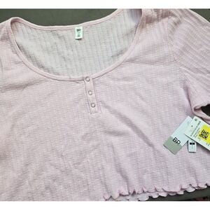 BP. Pointelle Rib Crop Henley In Pink Opal Size 2X NWT Button Short sleeve